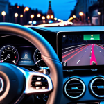 **Prompt:** A sleek Mercedes-Benz A-Class interior at dusk, featuring the MBUX intelligent assistant's screen prominently displaying an adaptive navigation route that subtly reroutes to avoid predicted heavy traffic. The driver is calm and focused, with the vibrant, blurred lights of a bustling Moscow city street visible through the windshield, emphasizing smart driving, efficiency, and safety. Cinematic, high-definition, realistic.
