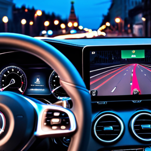 Home 11 **Prompt:** A sleek Mercedes-Benz A-Class interior at dusk, featuring the MBUX intelligent assistant's screen prominently displaying an adaptive navigation route that subtly reroutes to avoid predicted heavy traffic. The driver is calm and focused, with the vibrant, blurred lights of a bustling Moscow city street visible through the windshield, emphasizing smart driving, efficiency, and safety. Cinematic, high-definition, realistic.