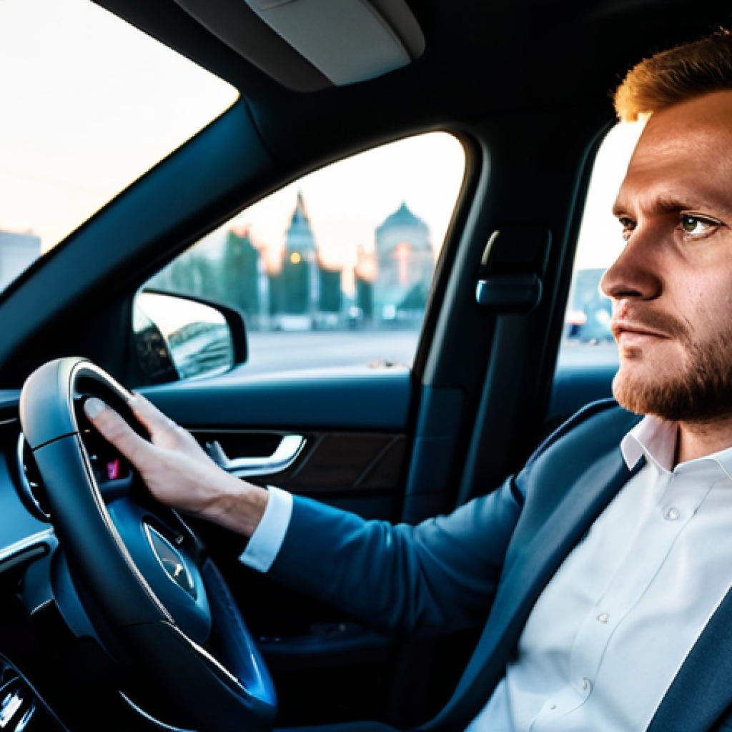 **Prompt:** An interior shot of a modern Mercedes-Benz GLC Hybrid, from the driver's perspective. A professional Russian male driver, aged 30s-40s, with a composed expression, hands on the steering wheel. He is wearing a modest, dark business suit and a white shirt, fully clothed. Through the windshield, a dynamic, blurred Moscow cityscape at dusk with traffic lights and car headlights creates a serene atmosphere. The car interior is luxurious and well-lit, showcasing premium materials. Professional photography, cinematic lighting, sharp focus on the interior, bokeh effect on the background, perfect anatomy, correct proportions, natural pose, well-formed hands, proper finger count, safe for work, appropriate content, professional.