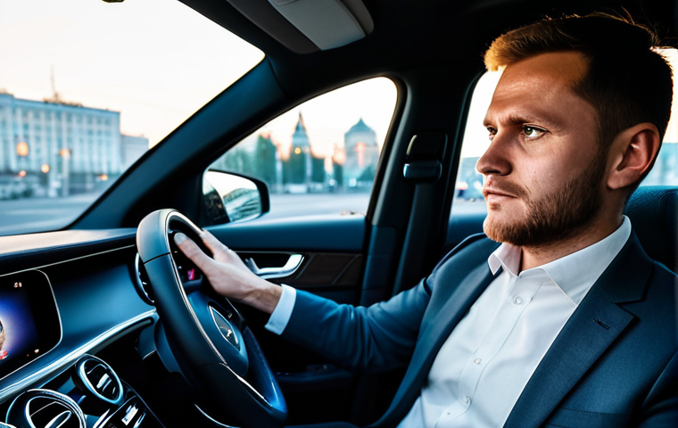 **Prompt:** An interior shot of a modern Mercedes-Benz GLC Hybrid, from the driver's perspective. A professional Russian male driver, aged 30s-40s, with a composed expression, hands on the steering wheel. He is wearing a modest, dark business suit and a white shirt, fully clothed. Through the windshield, a dynamic, blurred Moscow cityscape at dusk with traffic lights and car headlights creates a serene atmosphere. The car interior is luxurious and well-lit, showcasing premium materials. Professional photography, cinematic lighting, sharp focus on the interior, bokeh effect on the background, perfect anatomy, correct proportions, natural pose, well-formed hands, proper finger count, safe for work, appropriate content, professional.