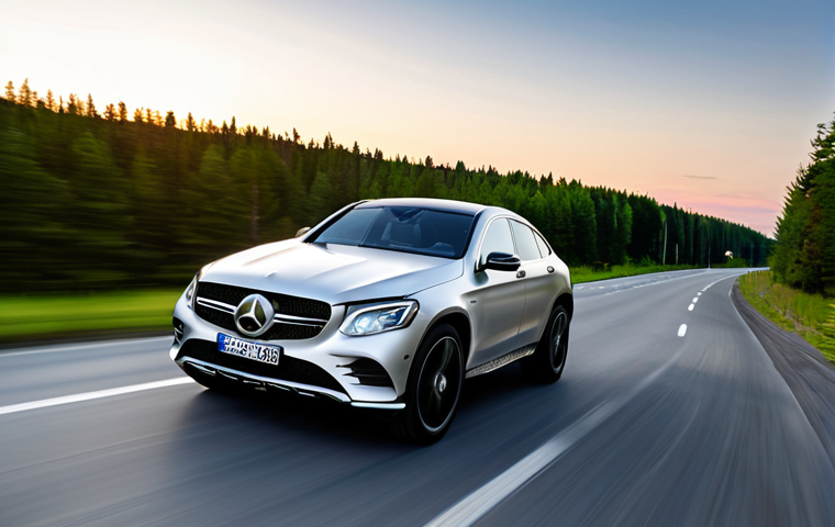 Dynamic Elegance**
"Mercedes-Benz GLC Coupe, driving on a scenic Russian highway during sunset, sleek silhouette, LED headlights, chrome accents, motion blur suggesting speed, perfect anatomy, correct proportions, natural pose, professional automotive photography, safe for work, appropriate content, fully clothed, professional."
**