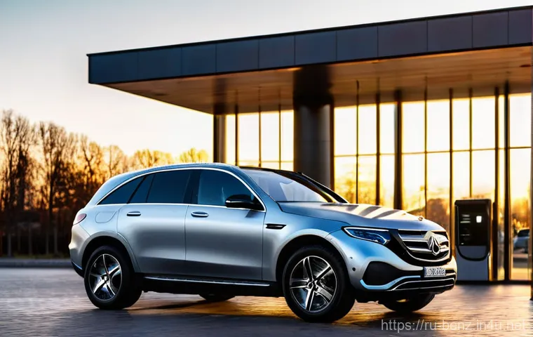 벤츠 EQC의 유지보수 비용 - **Prompt:** A sleek, dark grey Mercedes-Benz EQC is parked at a modern public fast-charging station ...
