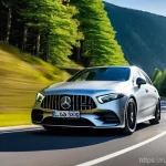 벤츠 AMG A35의 스포츠 성능 - **Dynamic Thrill on a Winding Road:**
    "A silver Mercedes-Benz AMG A35 is captured in a dynamic, ...