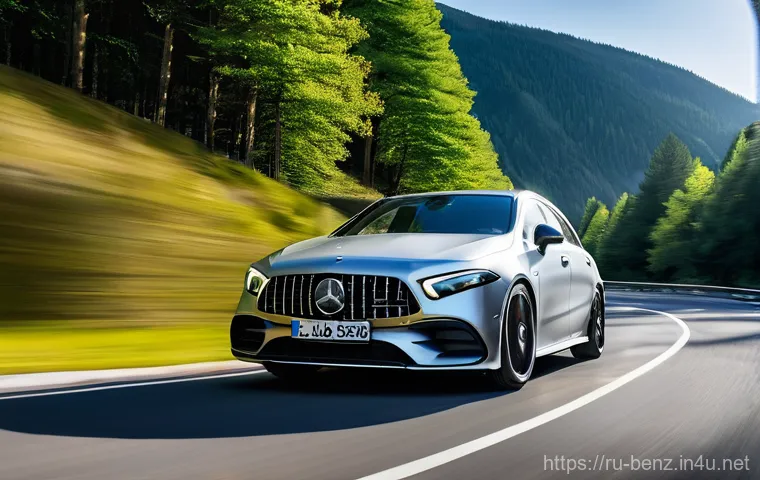 벤츠 AMG A35의 스포츠 성능 - **Dynamic Thrill on a Winding Road:**
"A silver Mercedes-Benz AMG A35 is captured in a dynamic, ...
